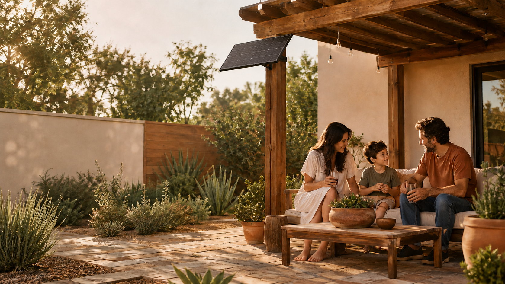 A family relaxing on a warm Texas patio with a compact solar panel integrated beside a wood pergola