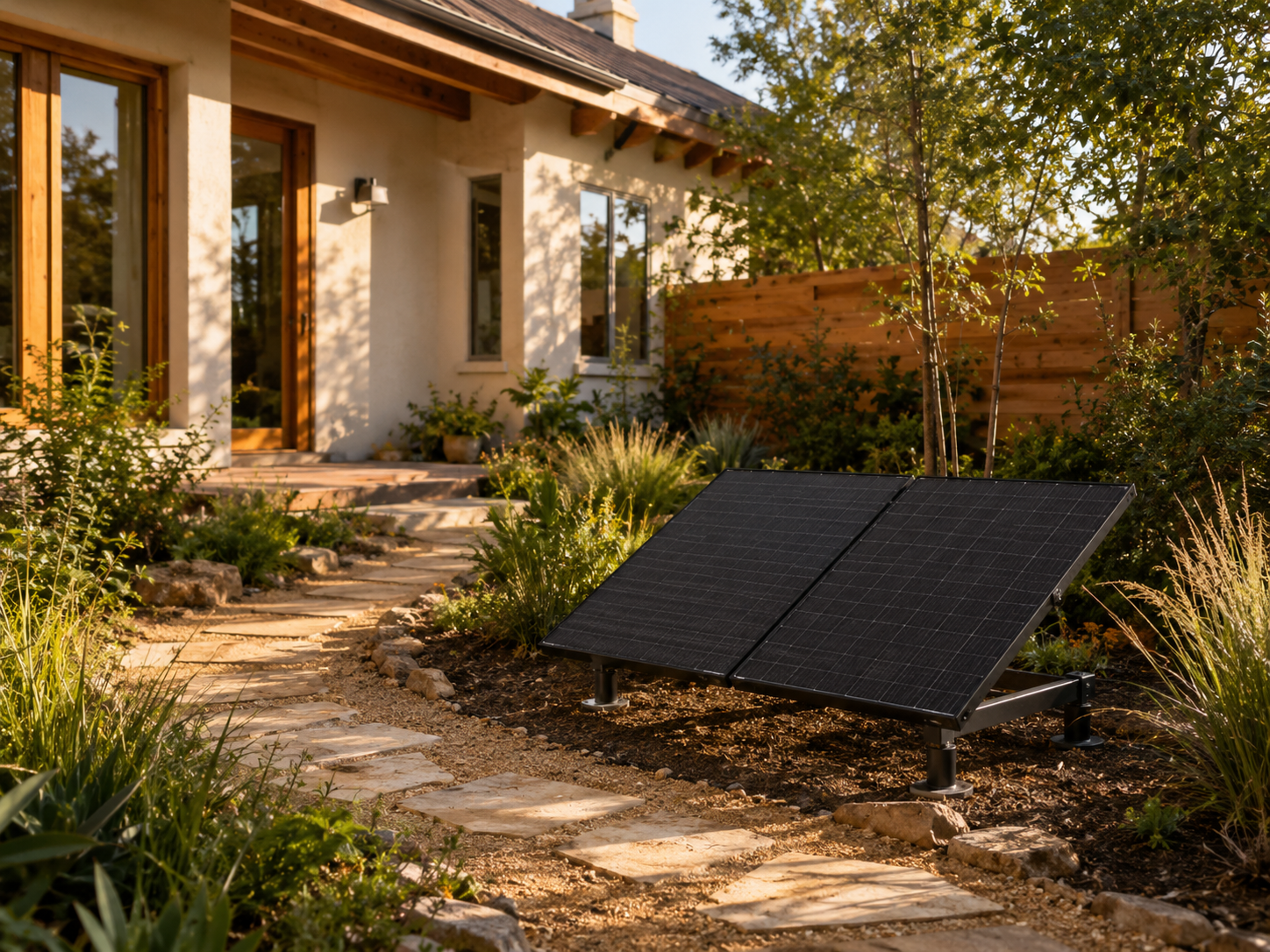 Compact solar panels on a low ground mount in a beautiful small backyard garden