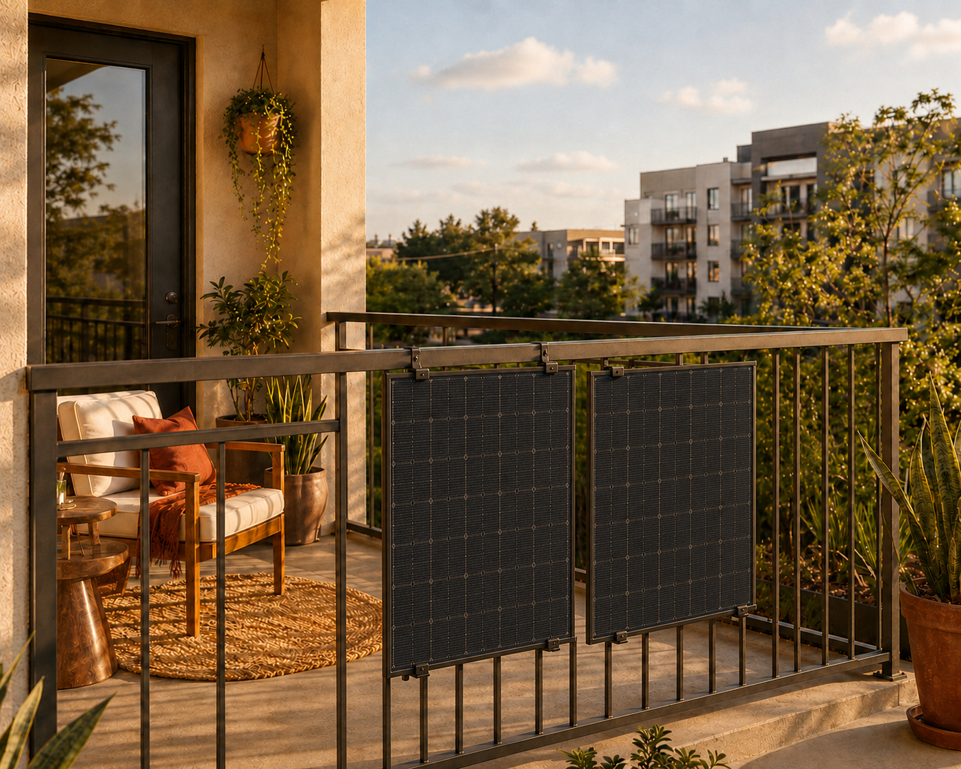 Compact black solar panels mounted neatly inside a landscaped modern balcony railing