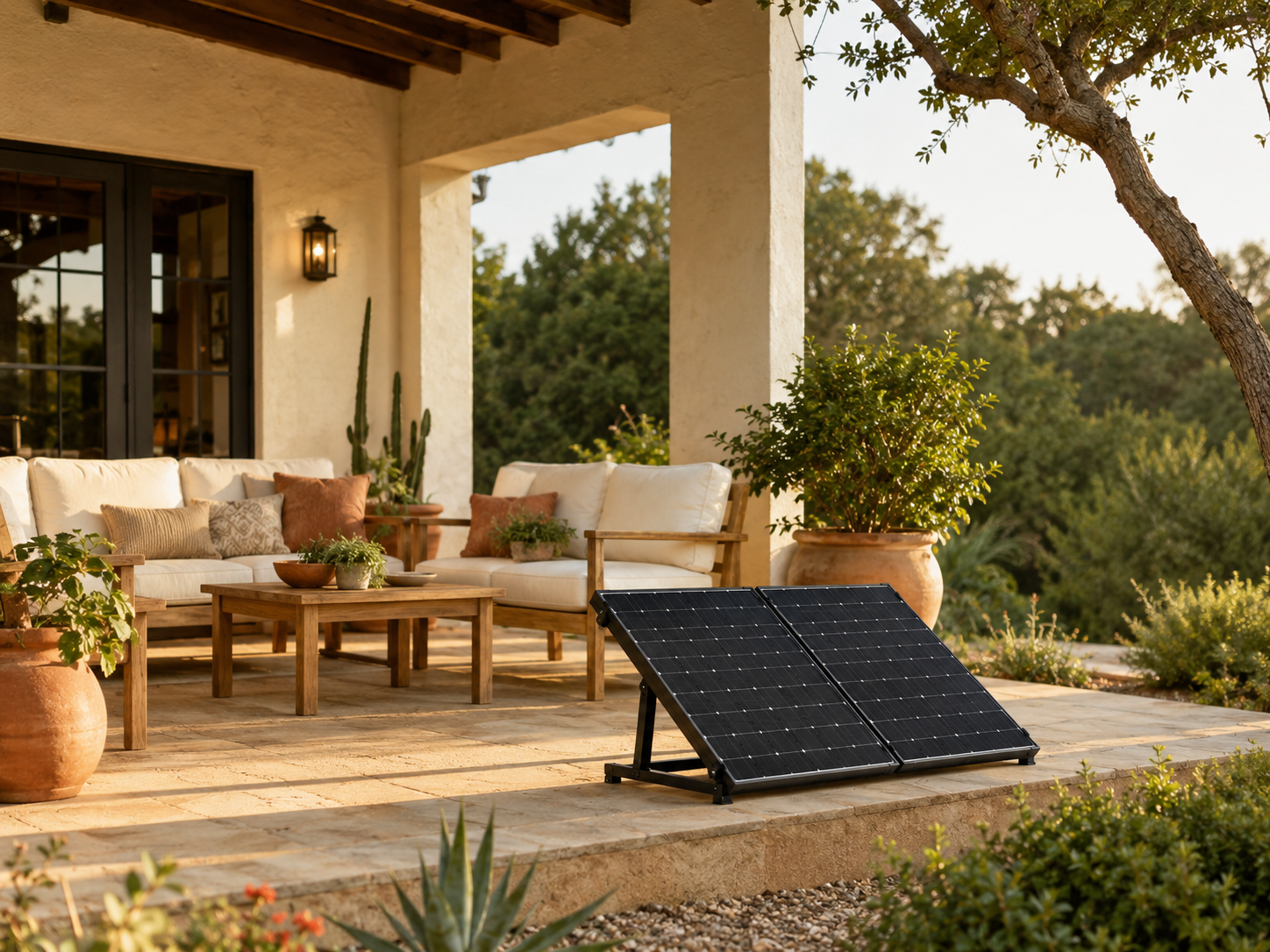 A compact solar panel system integrated beside a warm, landscaped Texas patio