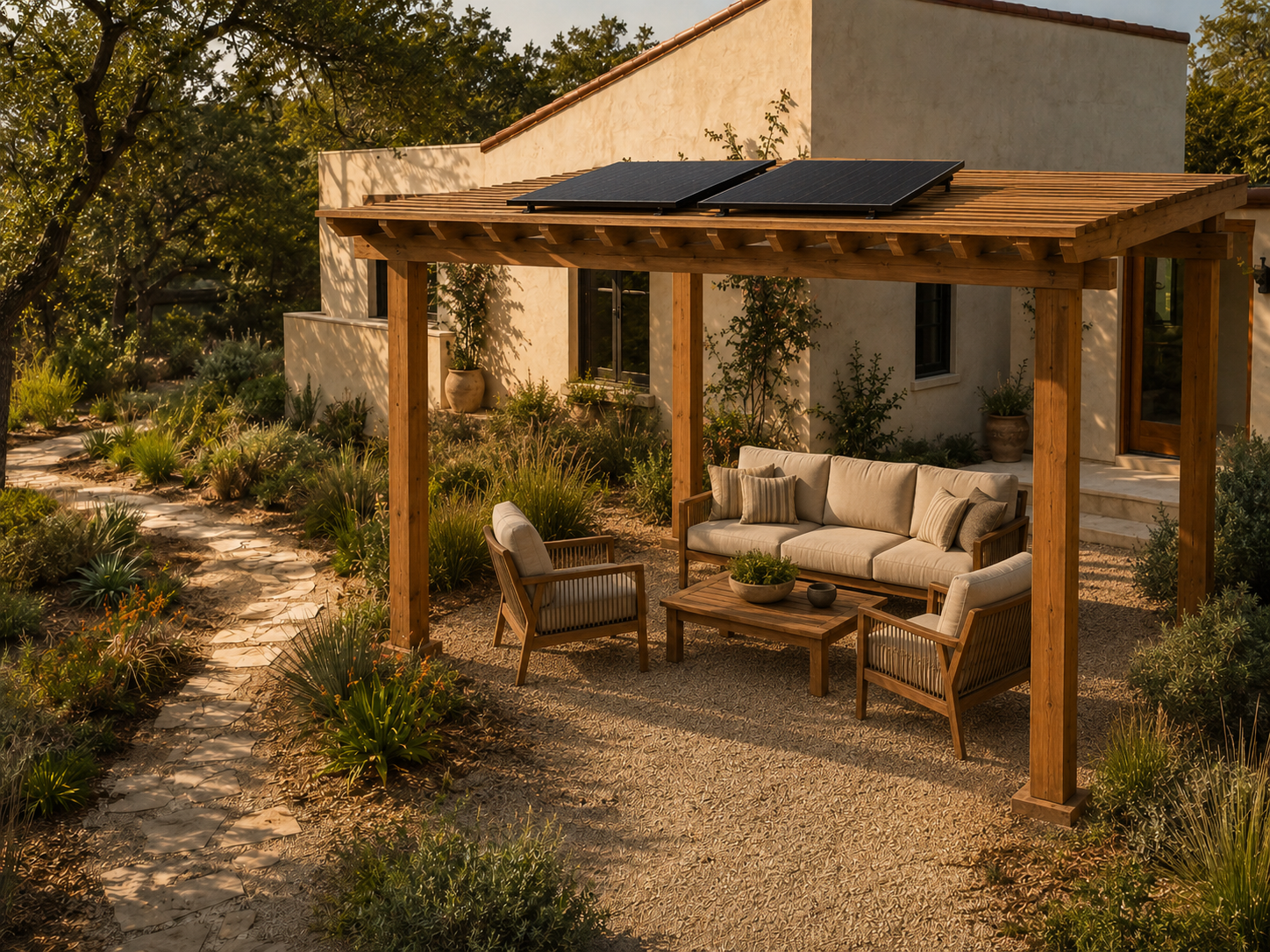 Small solar panels integrated cleanly into a modern wood pergola beside a Texas home